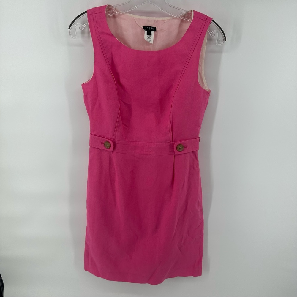 J. Crew Bright Pink Linen Cotton Sheath Dress Button Waist Preppy chic career 2
